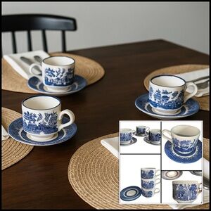 3 Vintage Churchill England Blue Willow Ironstone Oriental Tea Cup Saucer Set